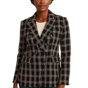 FATE Tweed Check Double Breasted Blazer M Black‎ Pink Gold Old Money Preppy